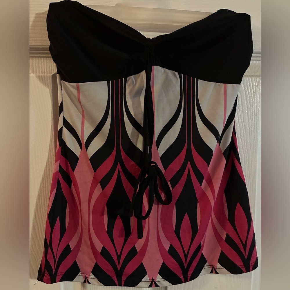 Belinda Halter Neck Tie Black Pink & White Geometric Tunic Top Size S